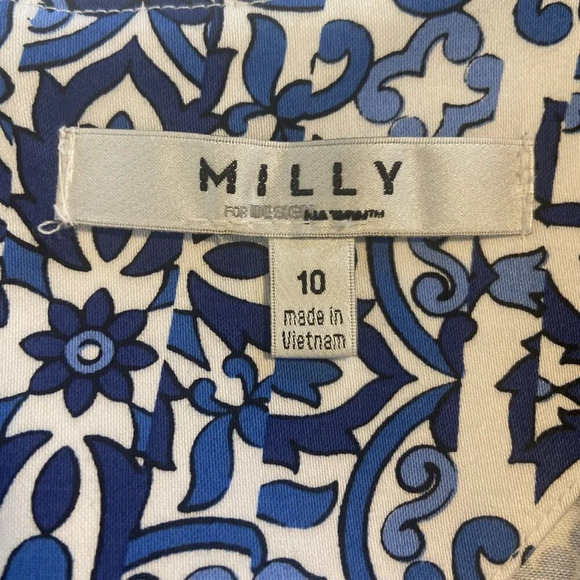 Milly Blue White Cotton Floral Sleeveless V-Neck Shift Dress Sz 10 Fit & Flare - Picture 10 of 15